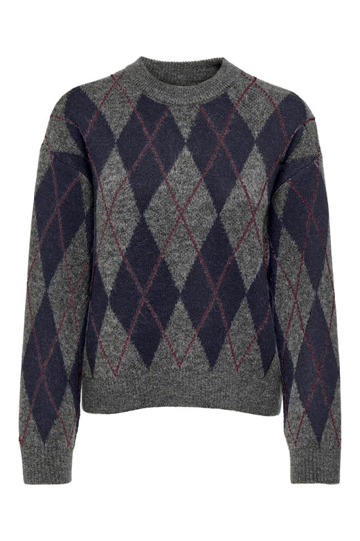 JDY - Jdybianka L/S Argyle Pullover Knt - 5147301 Medium Grey Melange Argyle Night Sky/ Winetasting