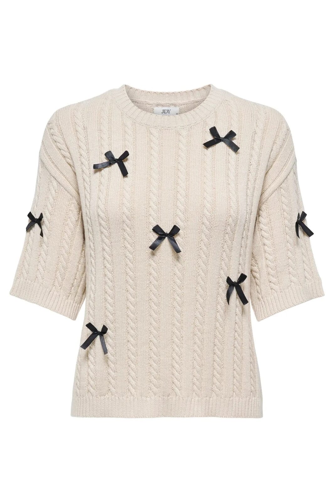JDY - Jdybow S/S Cable Pullover Knt - 4884647 Birch With Black Bows