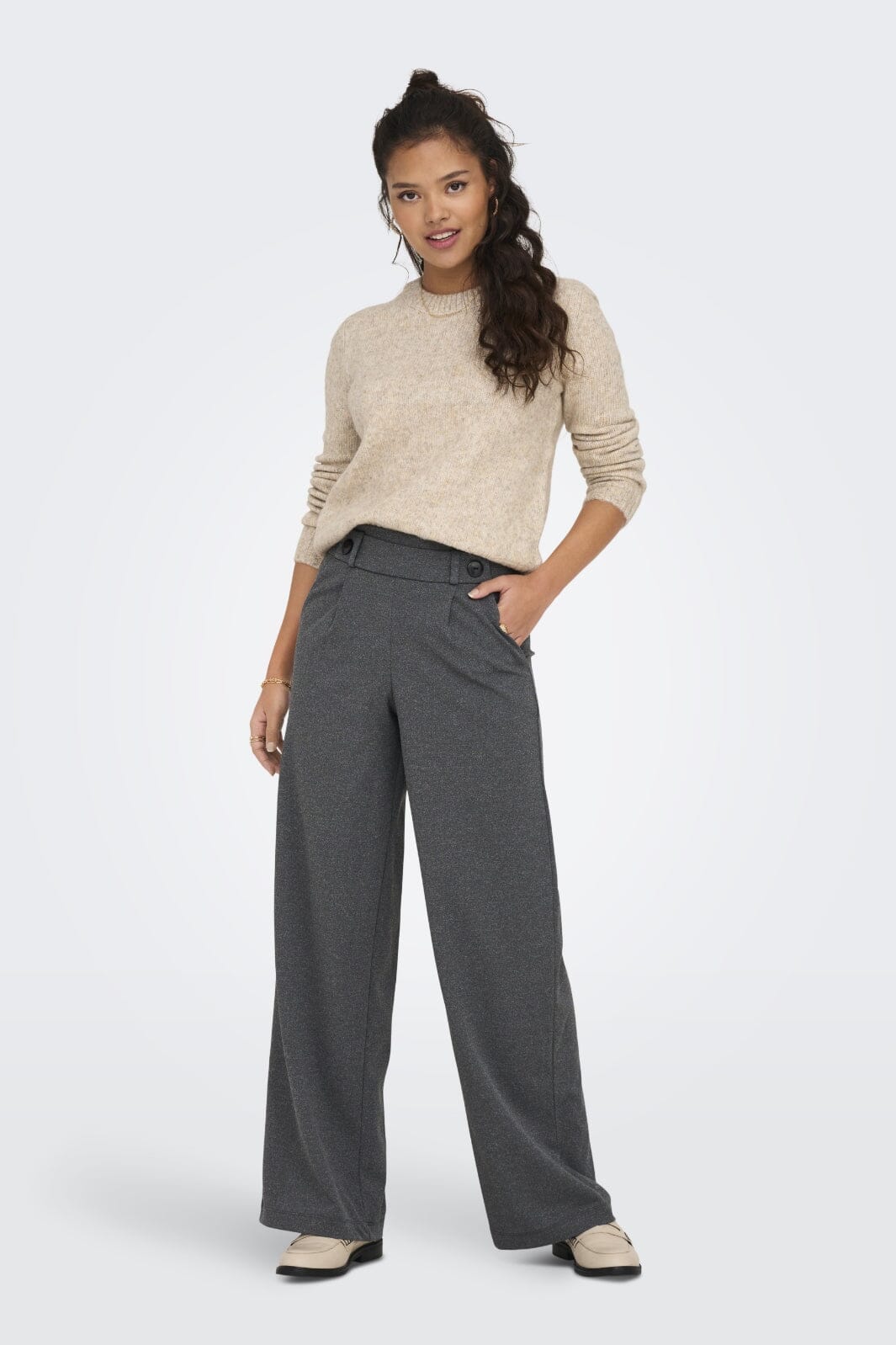 JDY - Jdygeggo New Long Pant - 4462244 Medium Grey Melange Black Buttons