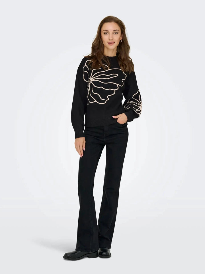 JDY - Jdyjella L/S Flower Pullover Knt - 4907427 Black W. Cement Strikbluser 