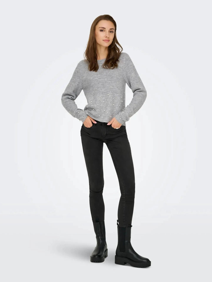 JDY - Jdypearl L/S O-Neck Pearl Pullover Knt - 4815065 Light Grey Melange White Pearls Strikbluser 