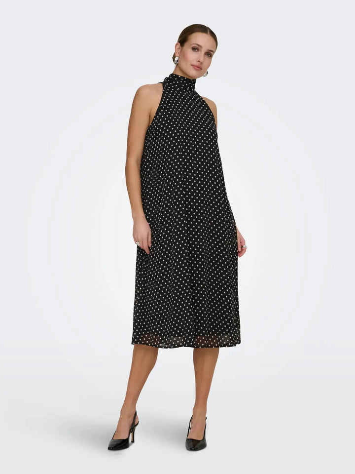 JDY - Jdypolka S/L Halterneck Midi Dress - 5018897 Black White Polka Dot Kjoler 