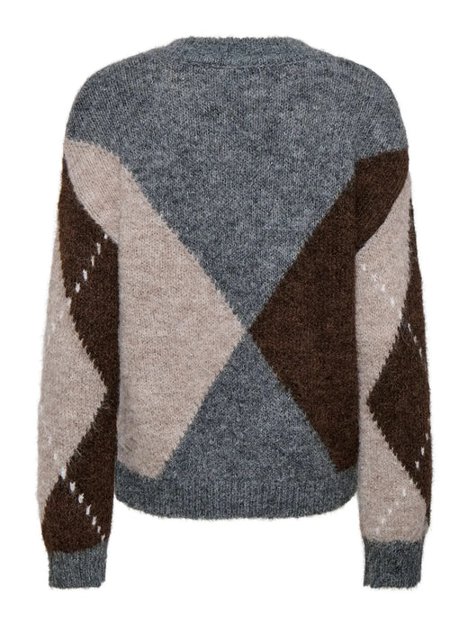 JDY - Jdyzoey L/S V-Neck Argyle Pullover Knt - 5122982 Medium Grey Melange Chateau Gray/Chocolate Brown Argyle Strikbluser 
