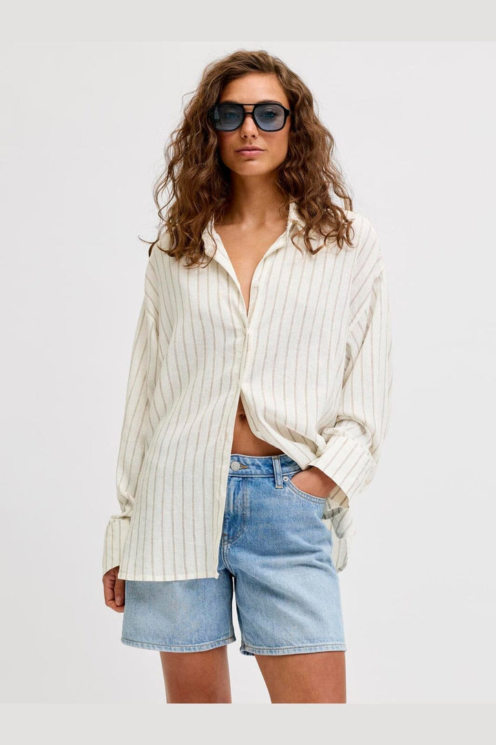 Jjxx - Jxalmira Linen Blend Ls Shirt Ln - 4919737 Blanc De Blanc Silver Mink