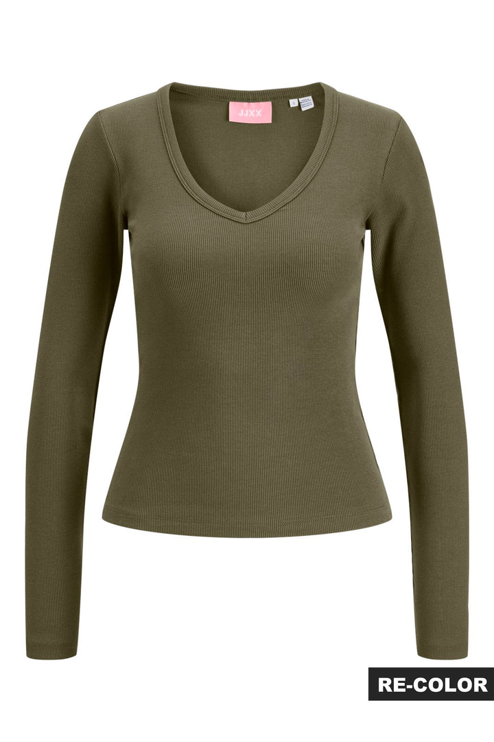 Jjxx - Jxfreya Str Ls V-Neck Top - 5244785 Burnt Olive