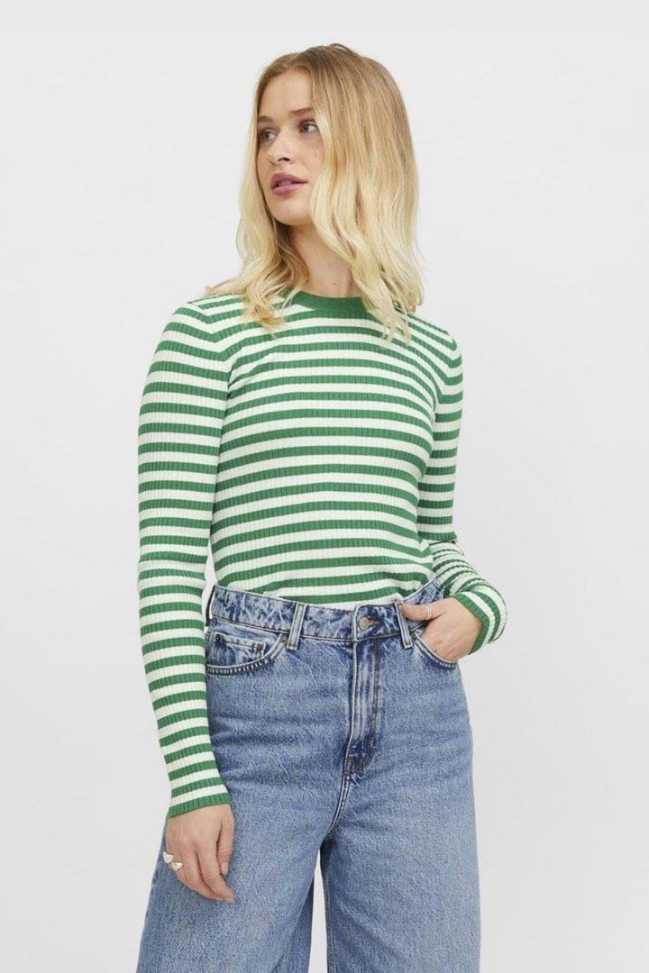 Jjxx - Jxjodi Tight Stripe Crew Neck Knit - 4412396 Medium Green /Cloud Dancer Bluser 