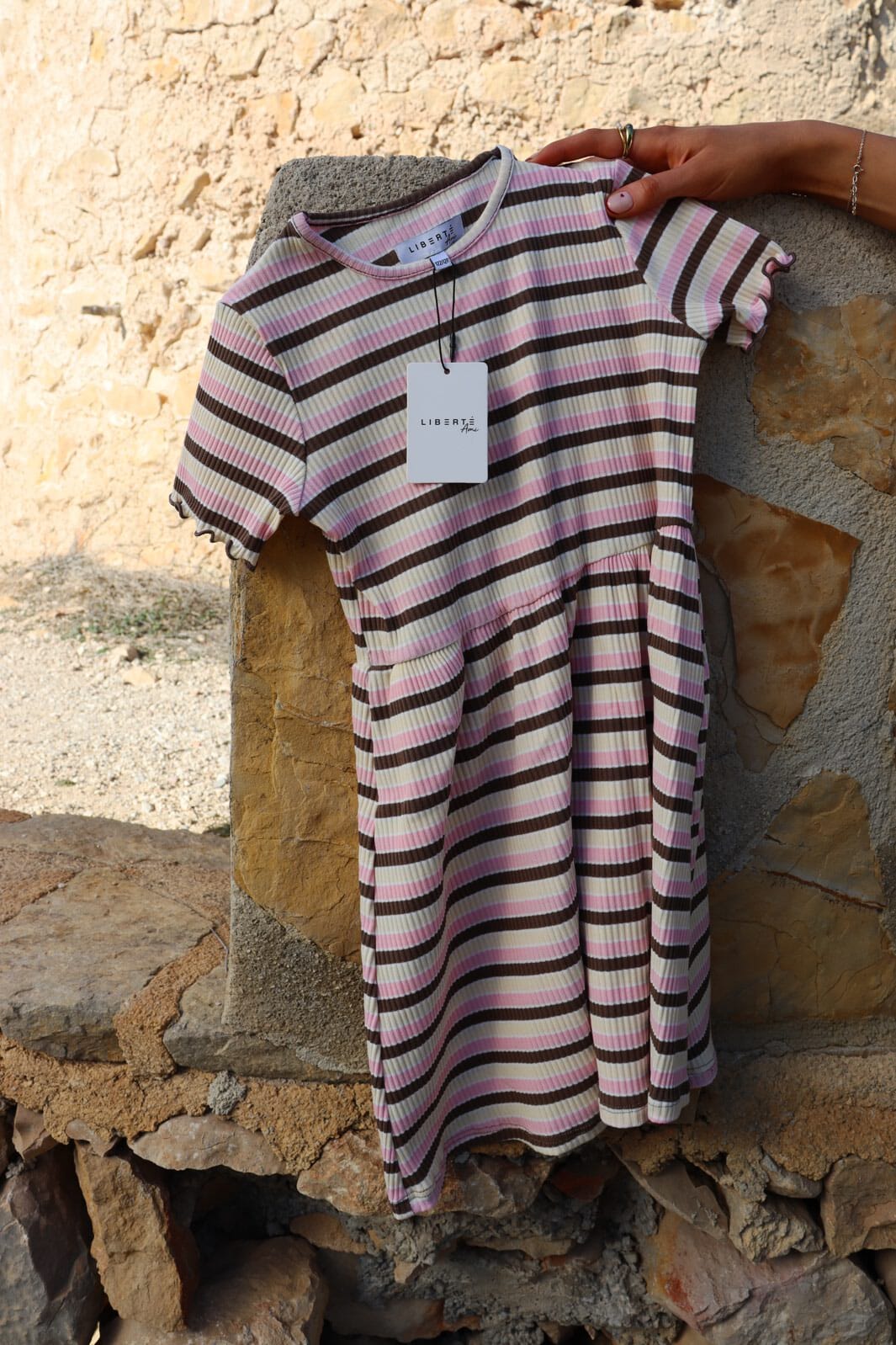 Liberte Ami - Natalia-Ss-Dress-Kids 21233 - Brown Rose Creme Stripe