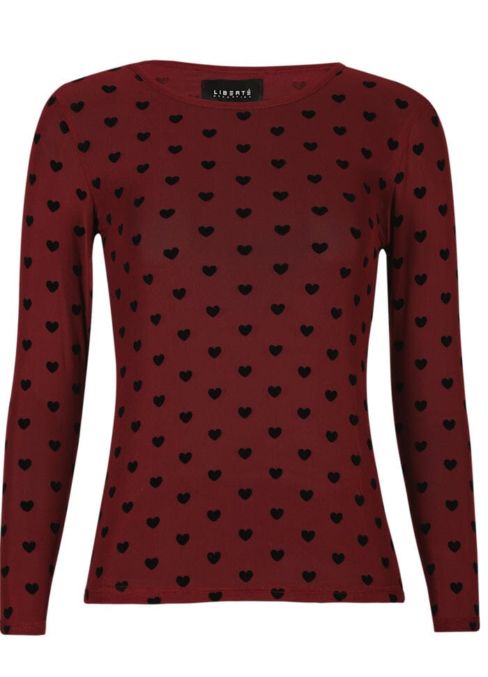 Liberte - Mesh-Ls-Tshirt 22065 - Bordeaux Black Flock Heart Bluser 