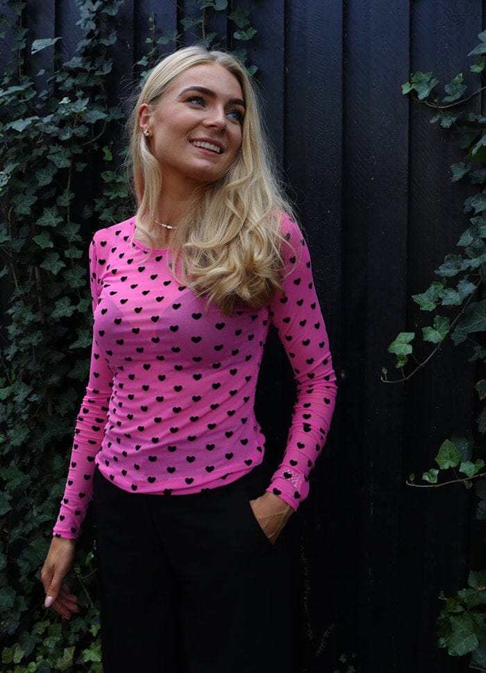 Liberte - Mesh Ls Tshirt 22065 - Pink Black Flock Heart Bluser 