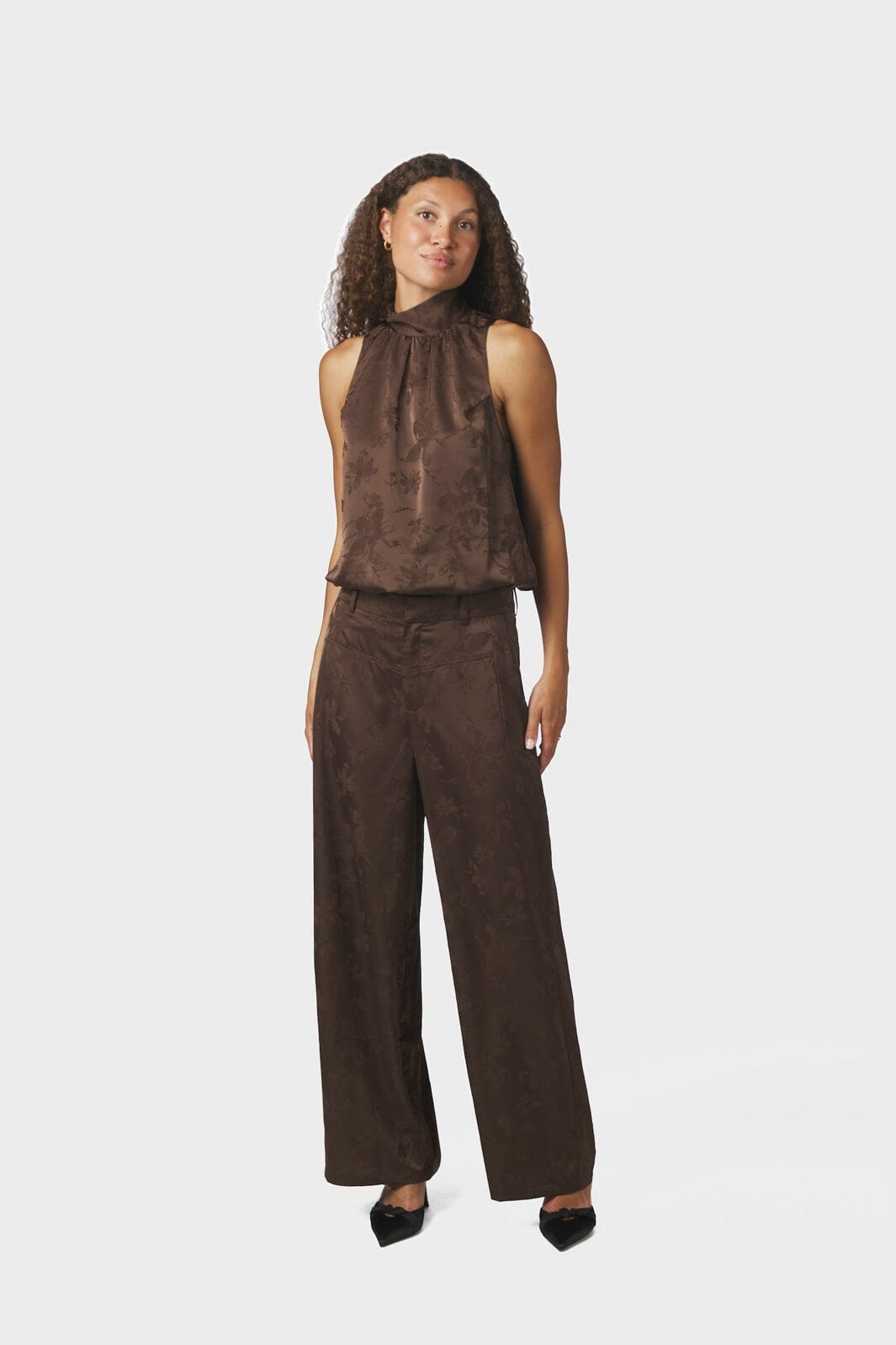Neo Noir - Allie Floral Satin Pants 171185 - 676 - Dark Brown