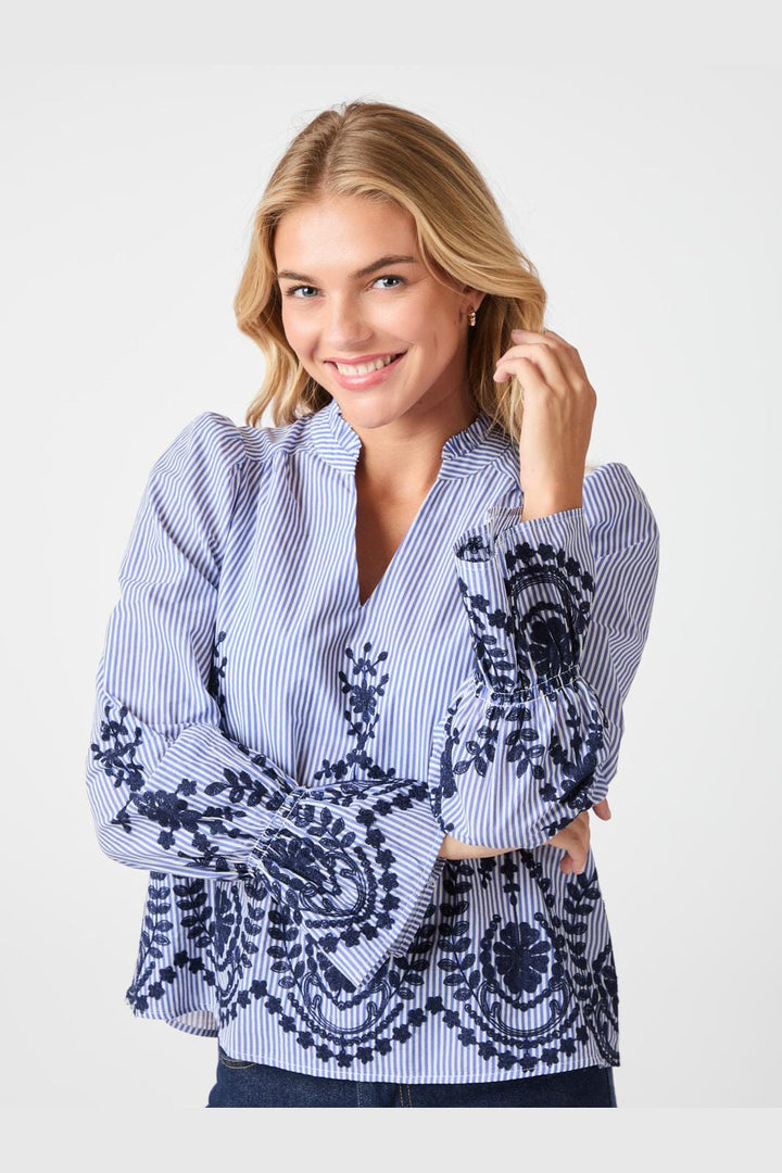 Neo Noir - Amara Stripe Emb Blouse 163363 - 140 - Blue