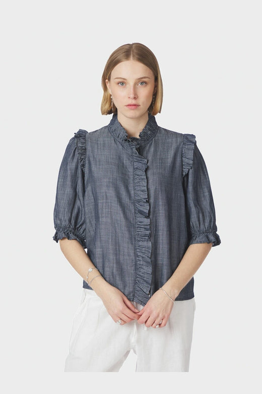 Neo Noir - Chacha Chambray Stripe Blouse 169737 - 534 - Dark Blue