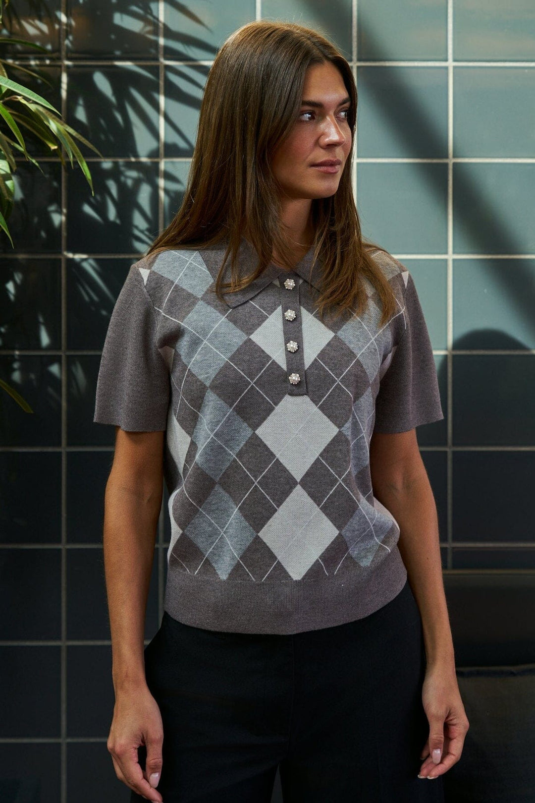 Neo Noir - Gia Check Knit Blouse 169335 - 811 - Dark Taupe Bluser 