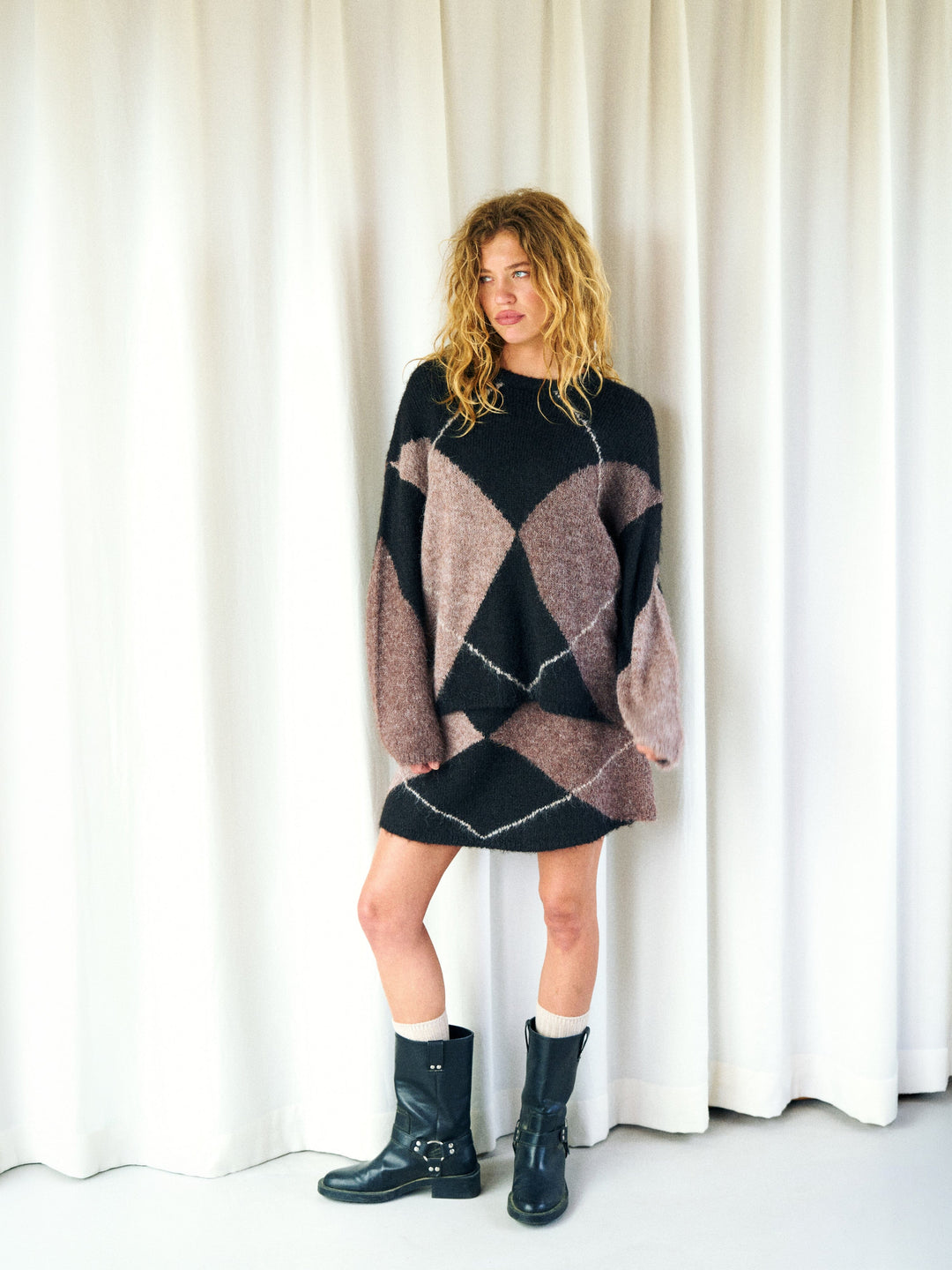 Neo Noir - Gisa Check Fluff Knit Skirt 168283 - 676 - Dark Brown Strikbluser 