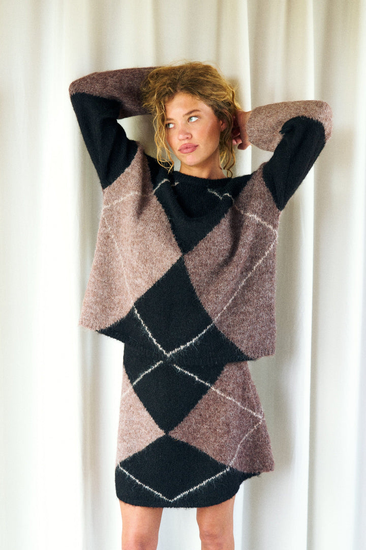 Neo Noir - Gisa Check Fluff Knit Skirt 168283 - 676 - Dark Brown Strikbluser 