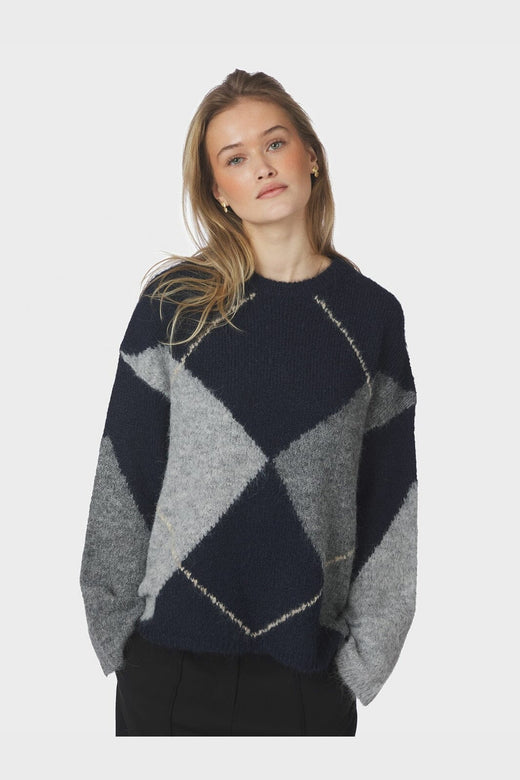 Neo Noir - Inga Check Fluff Knit Blouse 165205 - 141 - Navy
