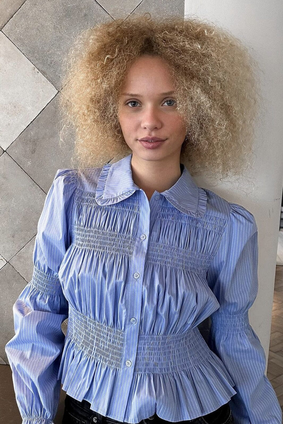 Neo Noir - Mocca Smock Check Blouse 166900 - 145 - Light Blue
