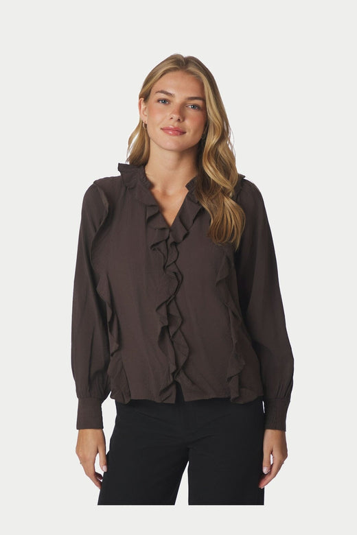Neo Noir - Larine Ruffle Blouse 169981 - 676 - Dark Brown