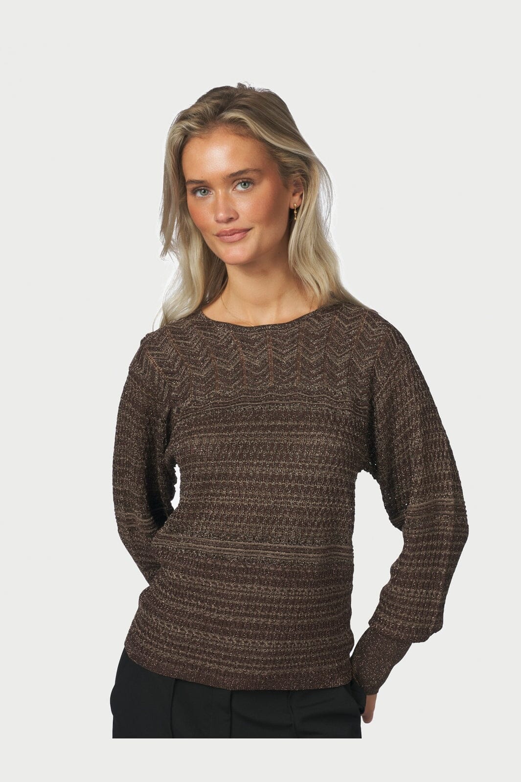 Neo Noir - Lumi Chevron Knit Blouse 171143 - 676 - Dark Brown