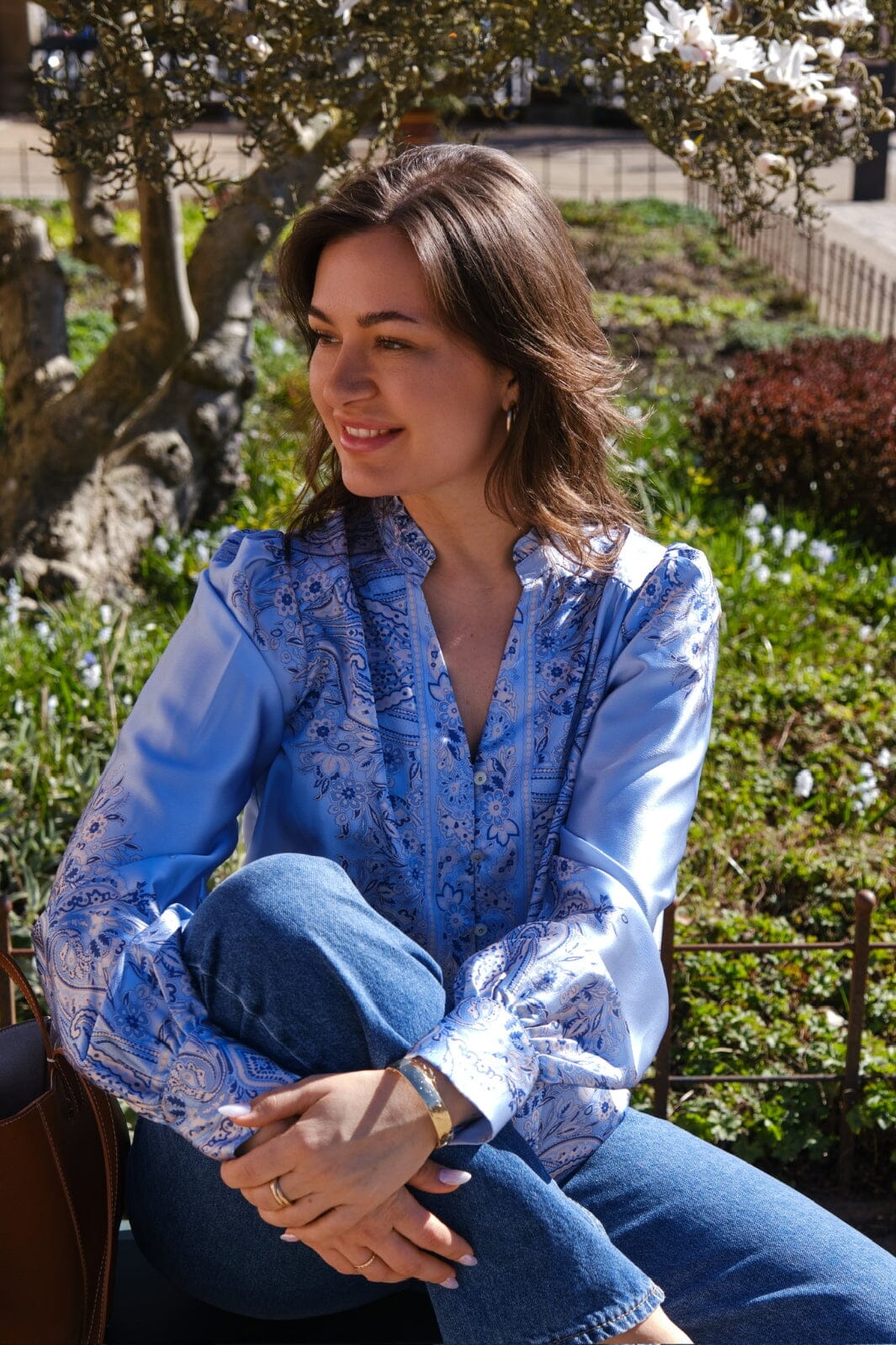 Neo Noir - Massima Paisley Border Blouse 160960 - 145 - Light Blue Bluser 