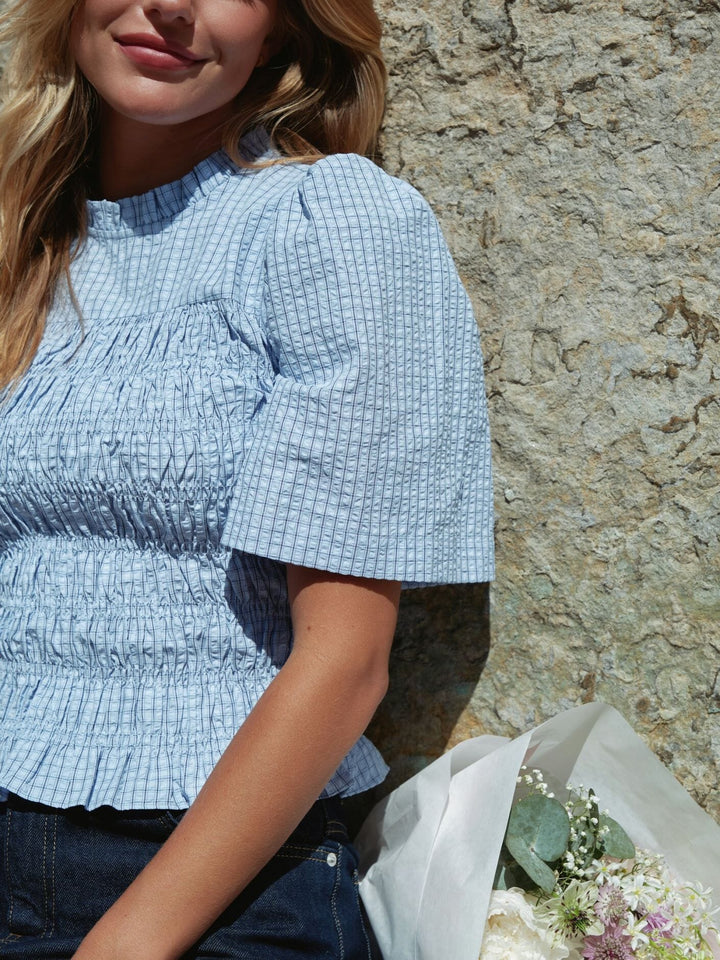 Neo Noir - Possini Check Smock Blouse 164800 - 145 - Light Blue Bluser 