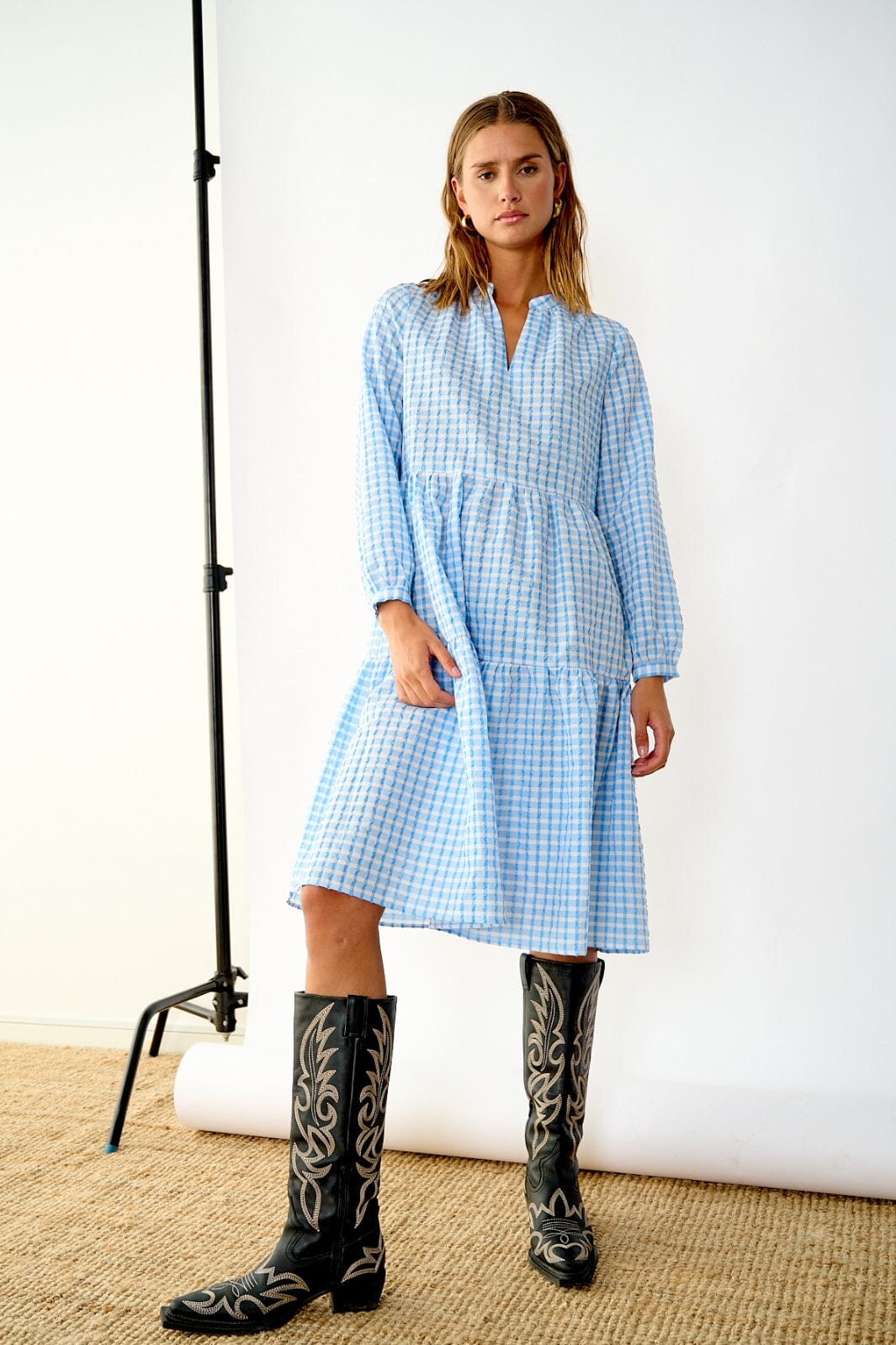 Noella - Rania Long Dress - Light Blue Check Kjoler 