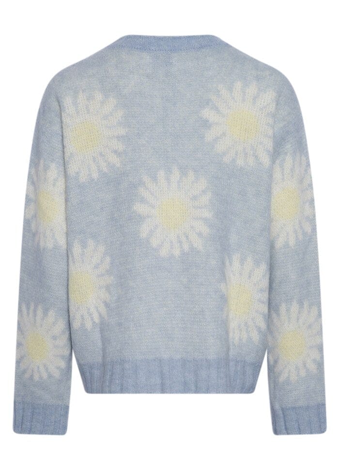 Noella - Raya Knit Sweater L/S - 902 Light Blue/Offwhite Flower Strikbluser 