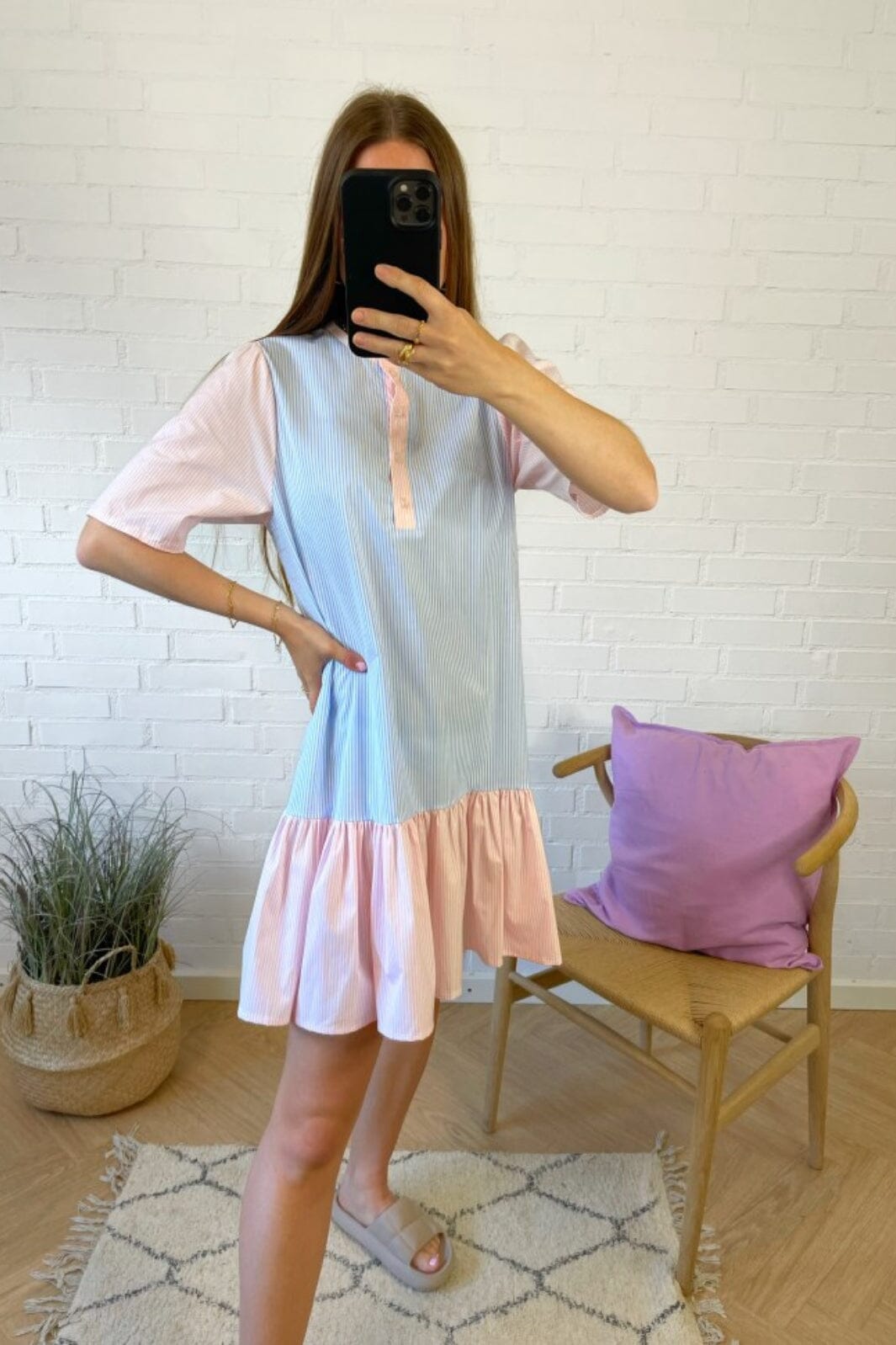 Noella - Taven Dress Poplin - 129 Blue/Rose Stripe Kjoler 