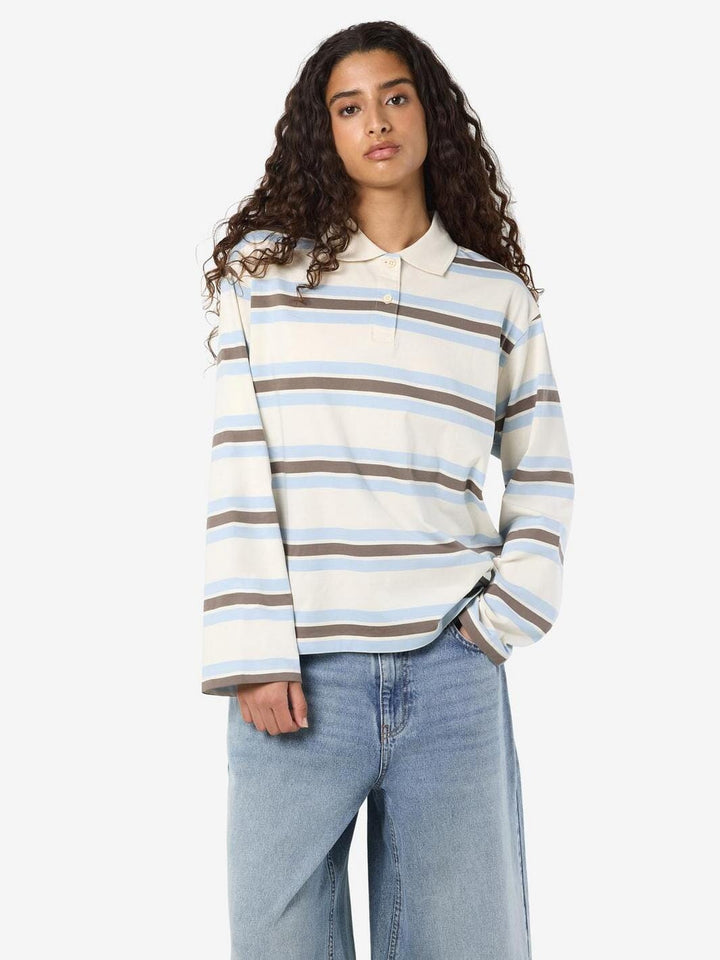 Noisy May - Nmaura L/S Striped Polo Shirt - 4959518 Birch Morel - Cashmere Blue