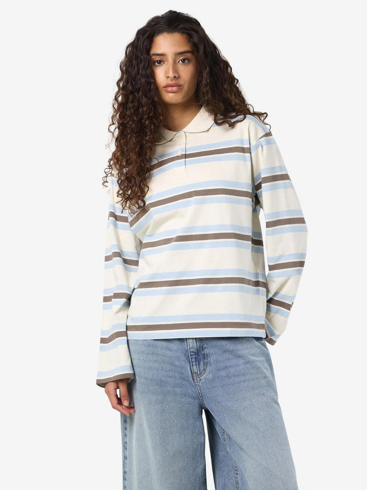 Noisy May - Nmaura L/S Striped Polo Shirt - 4959518 Birch Morel - Cashmere Blue