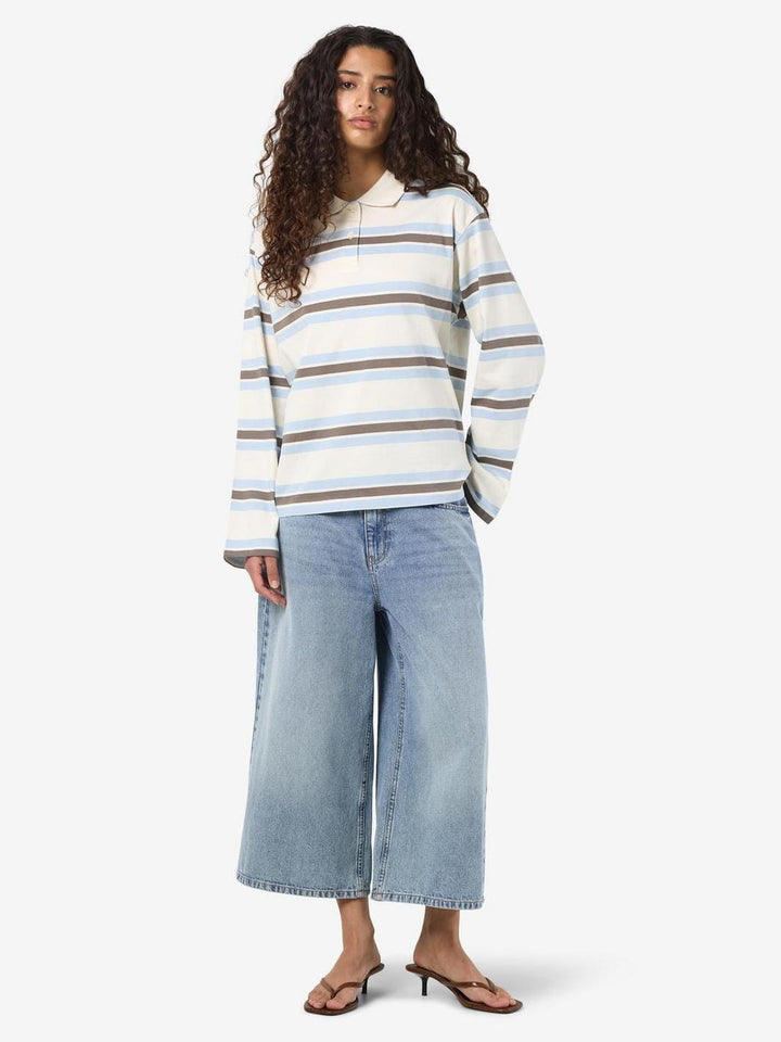 Noisy May - Nmaura L/S Striped Polo Shirt - 4959518 Birch Morel - Cashmere Blue