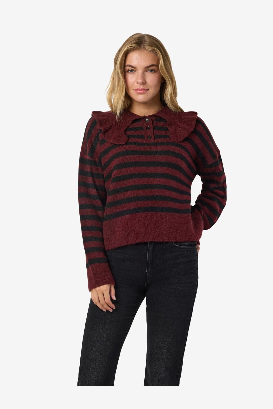 Noisy May - Nmbrooke L/S Frill Collar Knit - 4924582 Windsor Wine Black