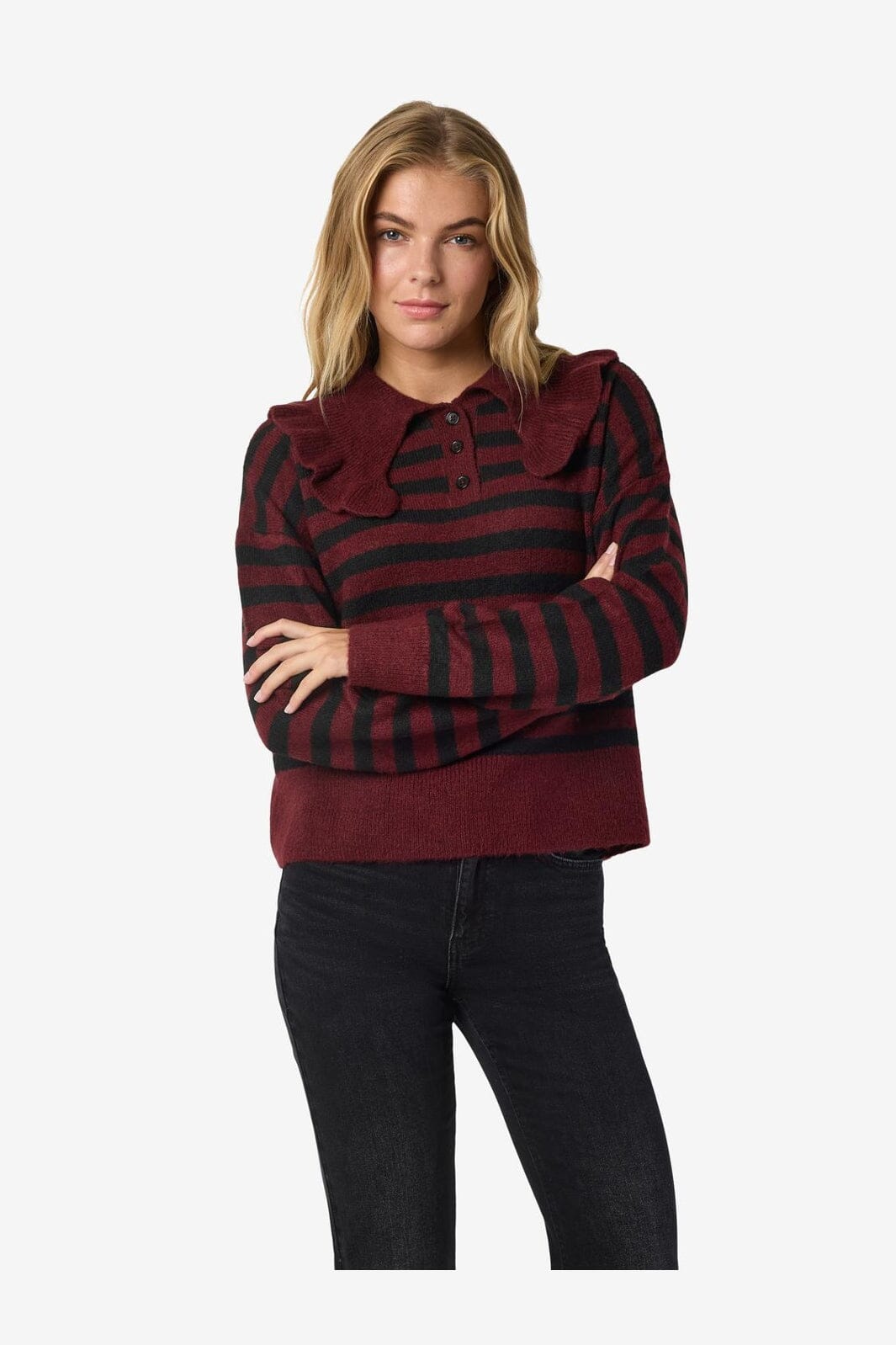 Noisy May - Nmbrooke L/S Frill Collar Knit - 4924582 Windsor Wine Black