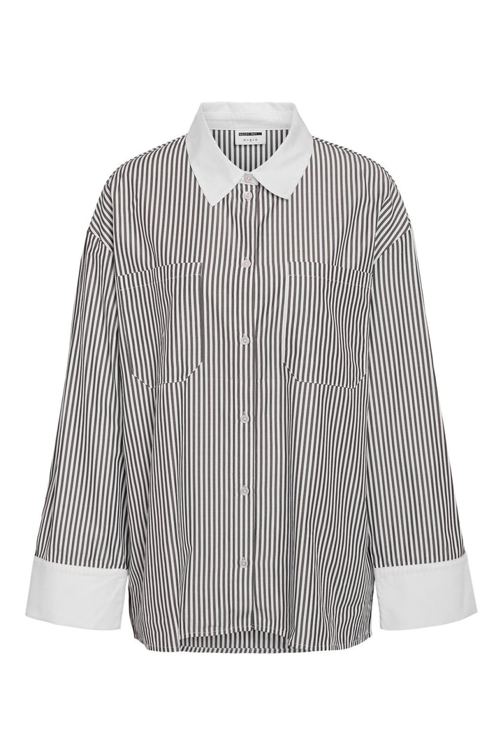 Noisy May - Nmfreja L/S Oversized Plain Shirt - 4842058 Cloud Dancer Black Stripes W. Cloud Dancer Contrast