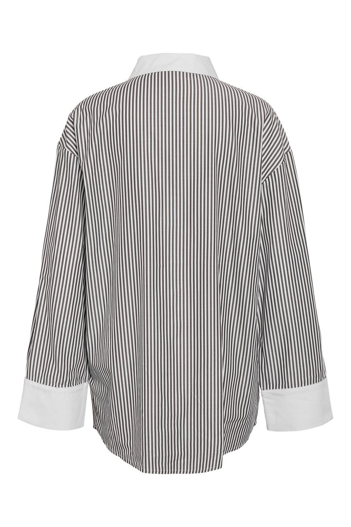 Noisy May - Nmfreja L/S Oversized Plain Shirt - 4842058 Cloud Dancer Black Stripes W. Cloud Dancer Contrast
