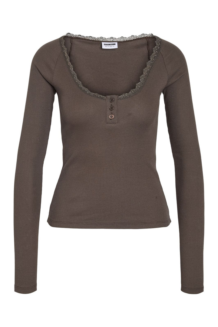 Noisy May - Nmmaya L/S Lace Henley Top - 5048370 Chocolate Brown
