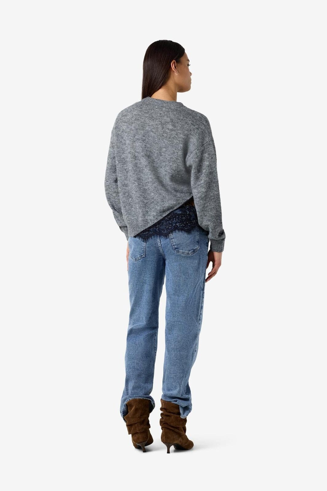 Noisy May - Nmpreston L/S O-Neck Lace Knit - 5098380 Medium Grey Melange