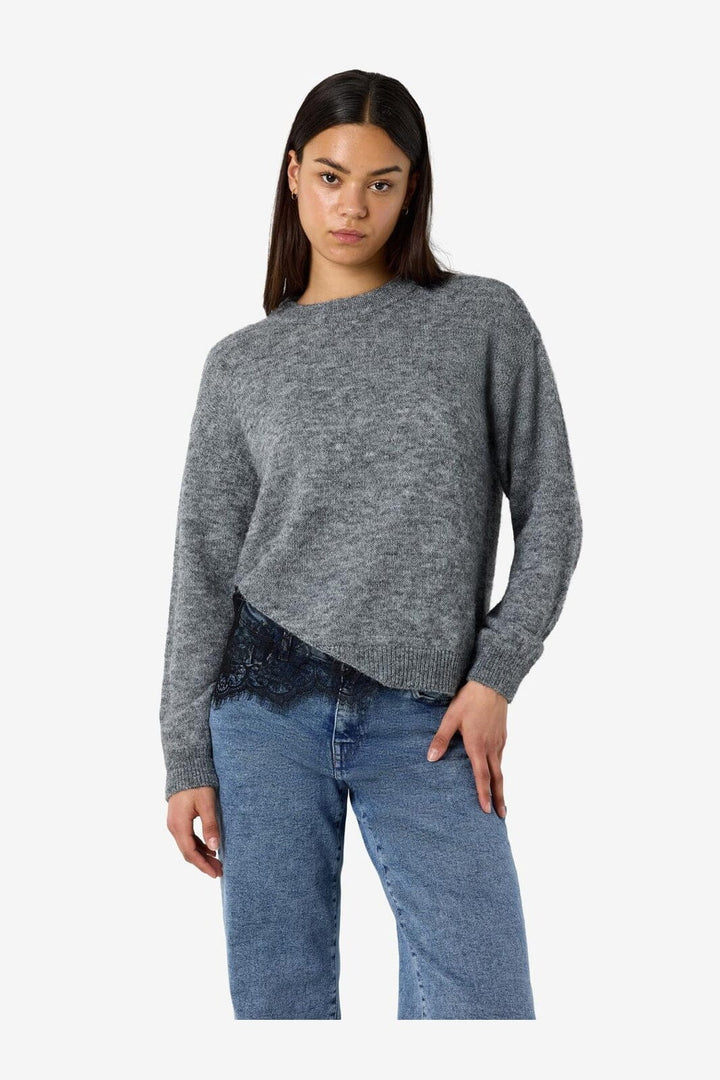 Noisy May - Nmpreston L/S O-Neck Lace Knit - 5098380 Medium Grey Melange