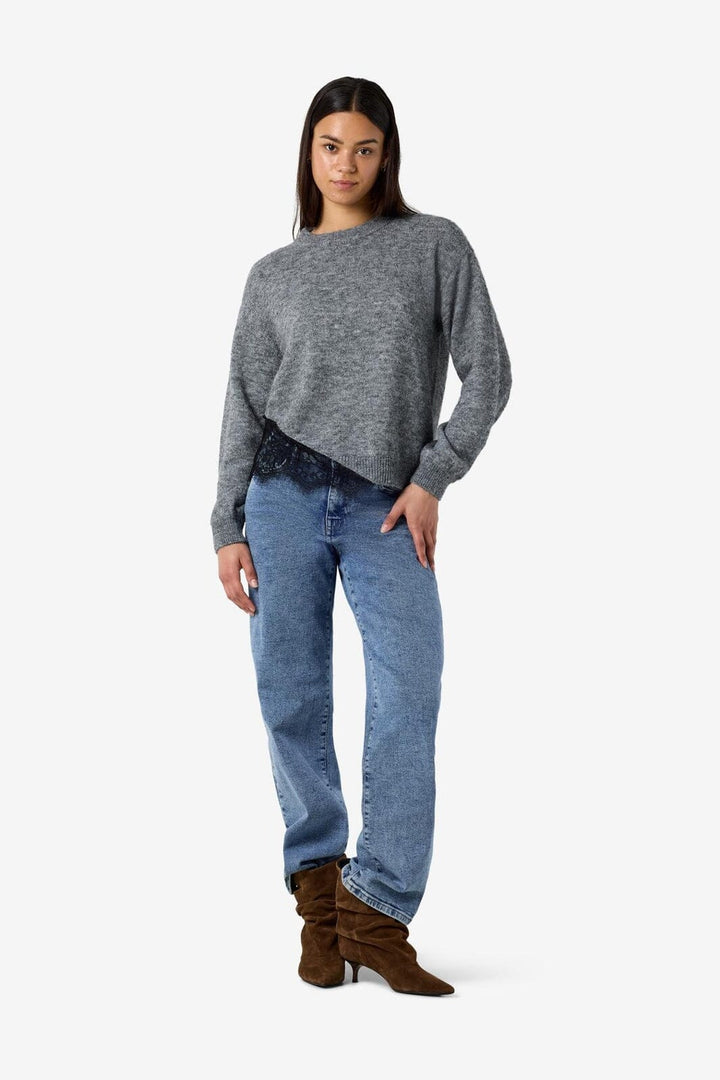 Noisy May - Nmpreston L/S O-Neck Lace Knit - 5098380 Medium Grey Melange