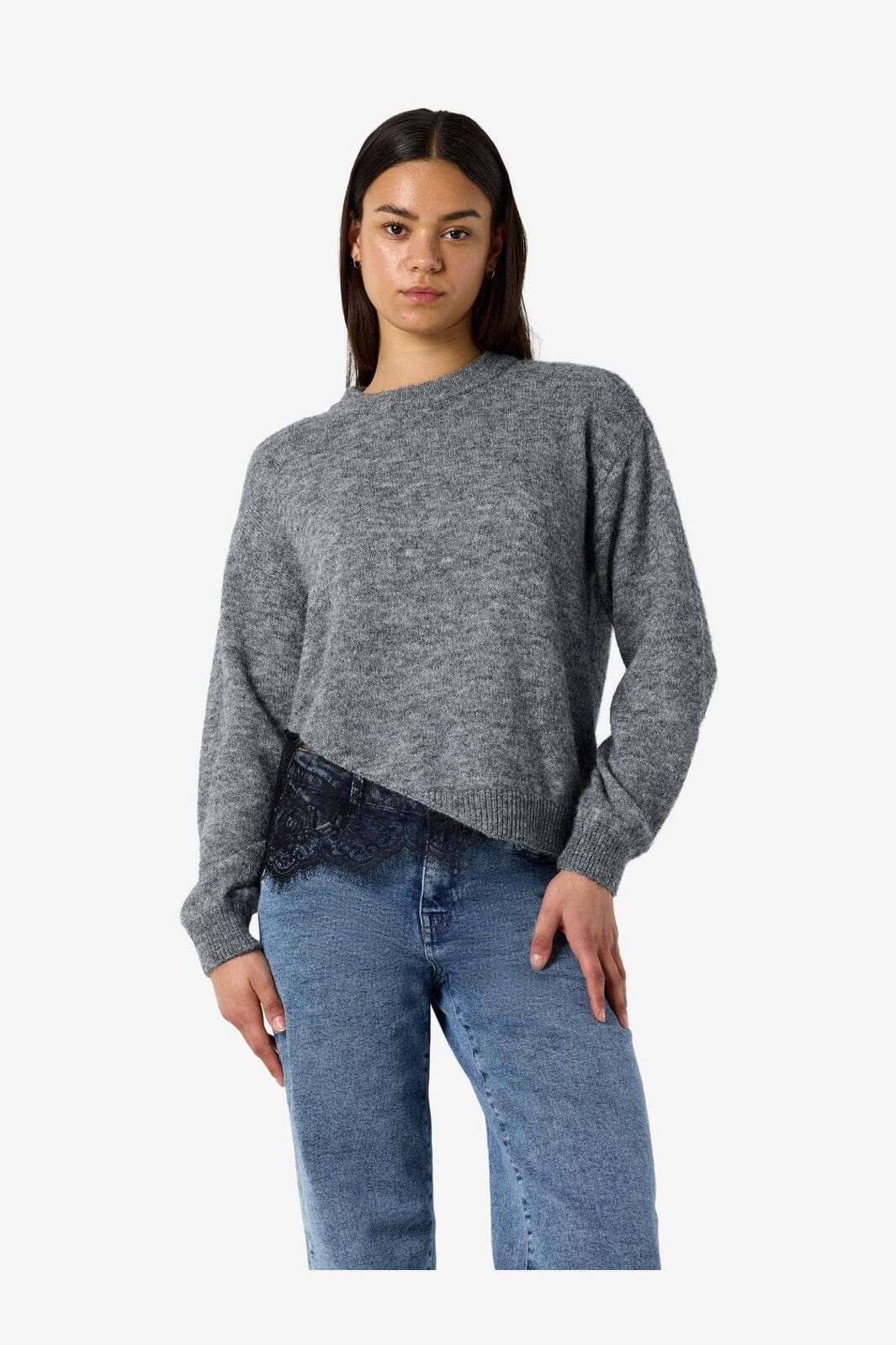 Noisy May - Nmpreston L/S O-Neck Lace Knit - 5098380 Medium Grey Melange
