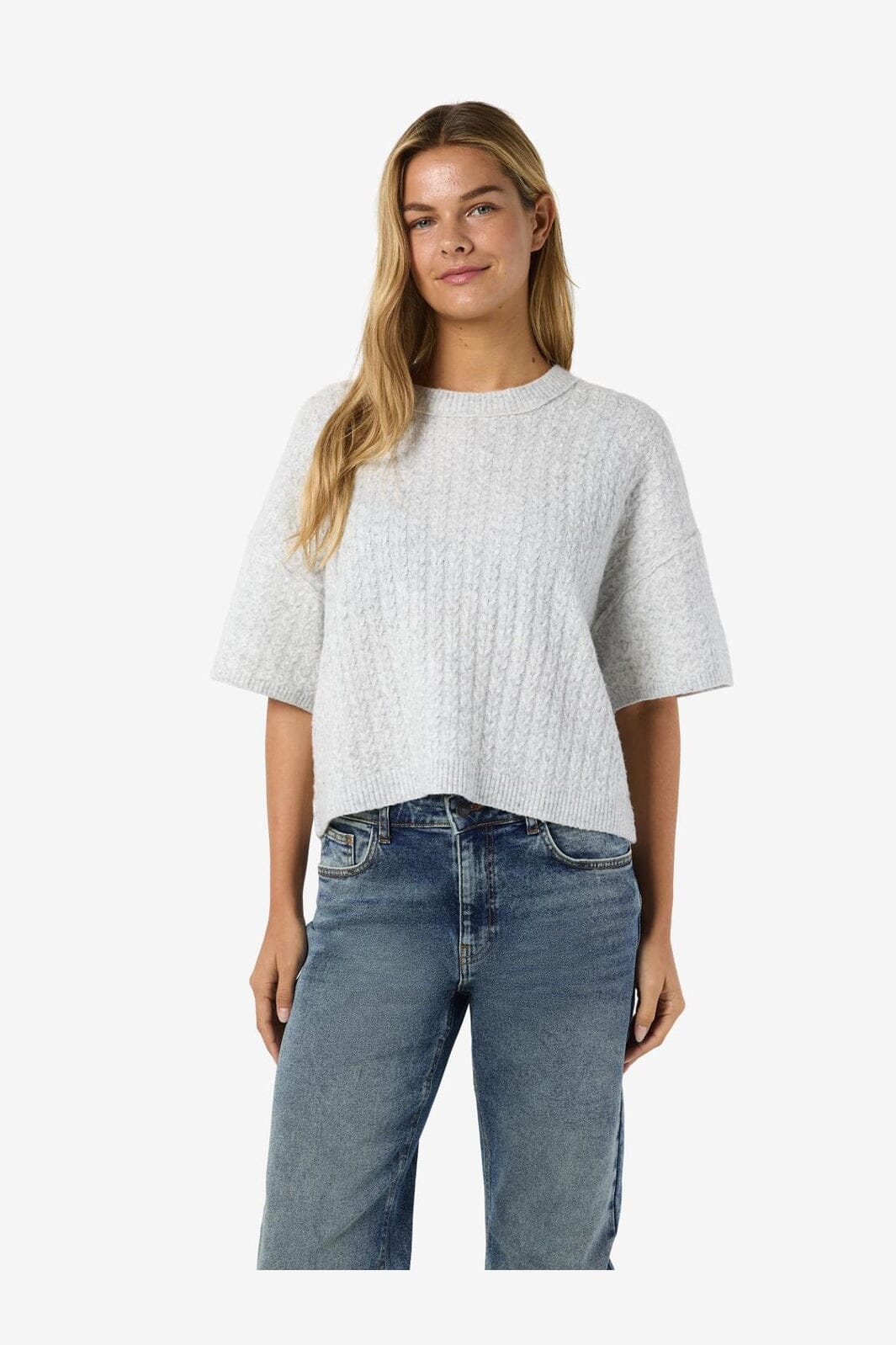 Noisy May - Nmsmilla S/S Cable Knit Top - 4923869 Light Grey Melange