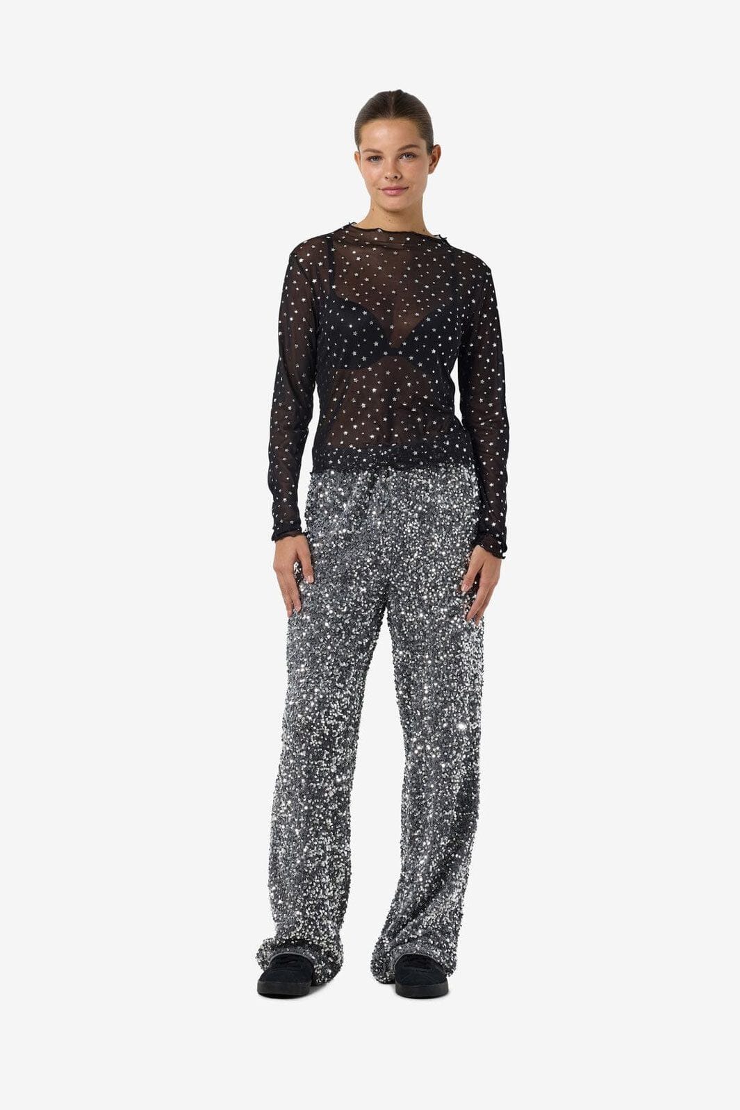 Noisy May - Nmstar Foil L/S High Neck Mesh Fwd - 4651141 Black Silver Glitter Stars
