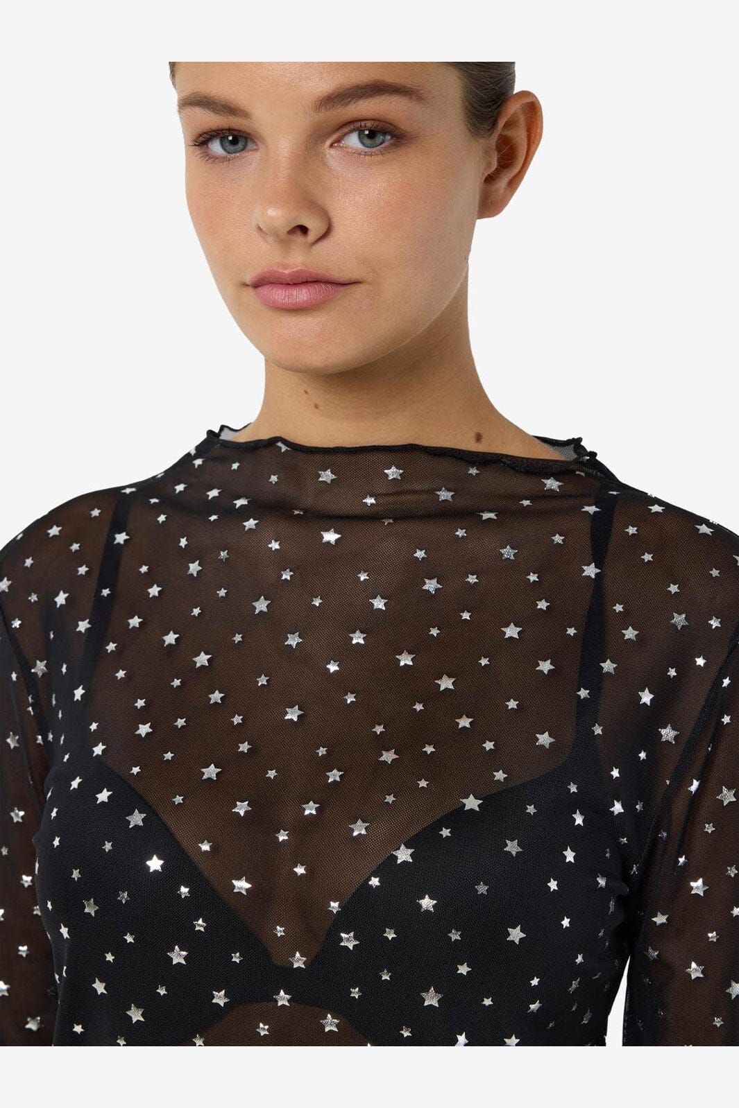 Noisy May - Nmstar Foil L/S High Neck Mesh Fwd - 4651141 Black Silver Glitter Stars