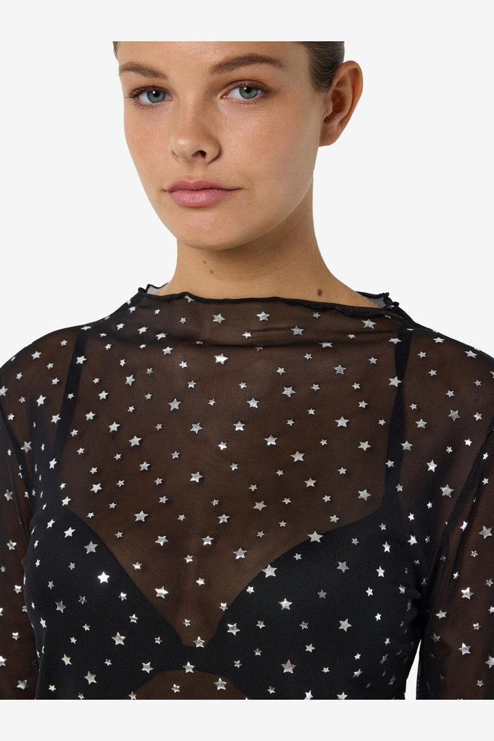 Noisy May - Nmstar Foil L/S High Neck Mesh Fwd - 4651141 Black Silver Glitter Stars