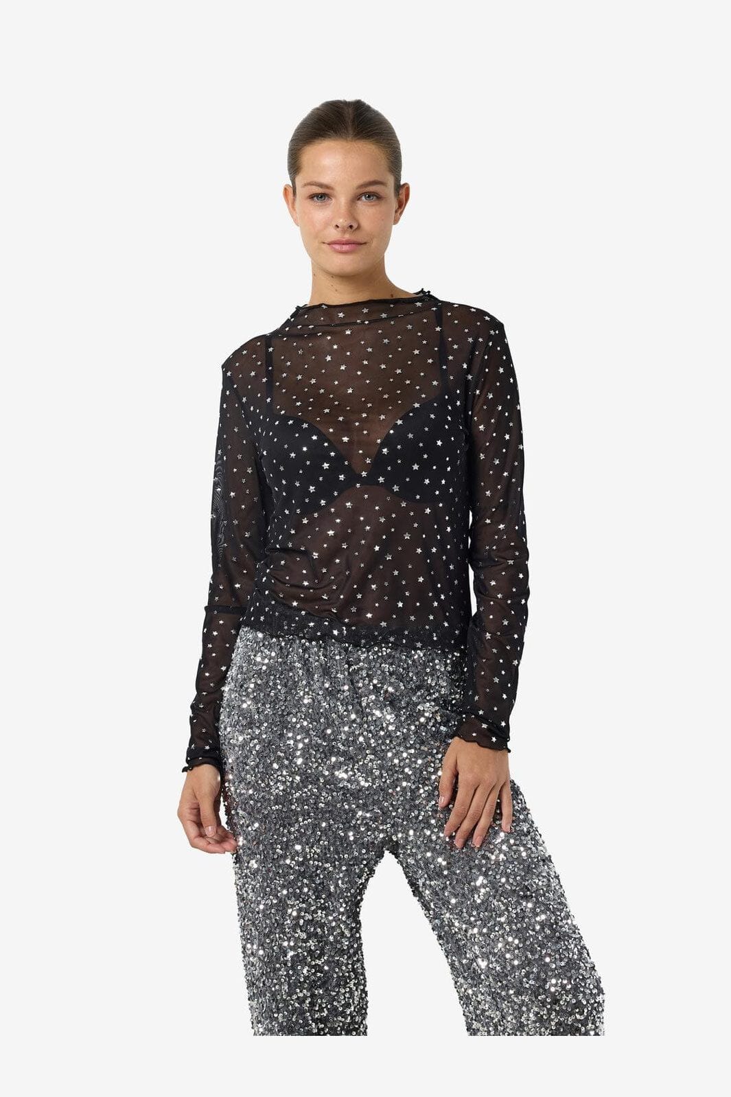 Noisy May - Nmstar Foil L/S High Neck Mesh Fwd - 4651141 Black Silver Glitter Stars