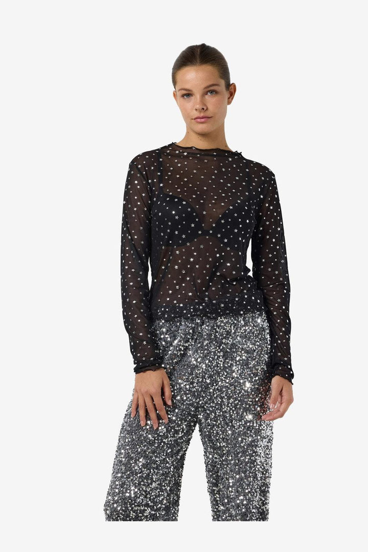 Noisy May - Nmstar Foil L/S High Neck Mesh Fwd - 4651141 Black Silver Glitter Stars