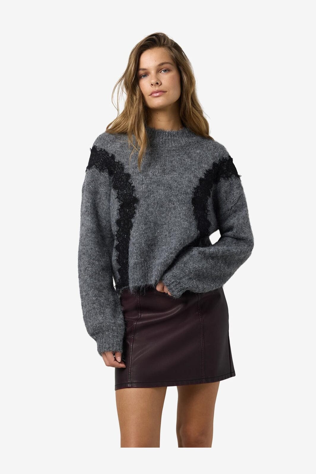 Noisy May - Nmsutton L/S O-Neck Lace Knit Fwd - 4986587 Dark Grey Melange Lace