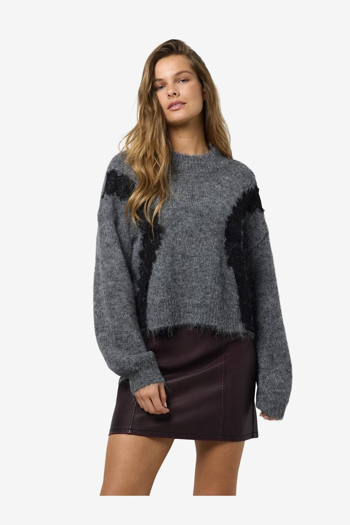 Noisy May - Nmsutton L/S O-Neck Lace Knit Fwd - 4986587 Dark Grey Melange Lace