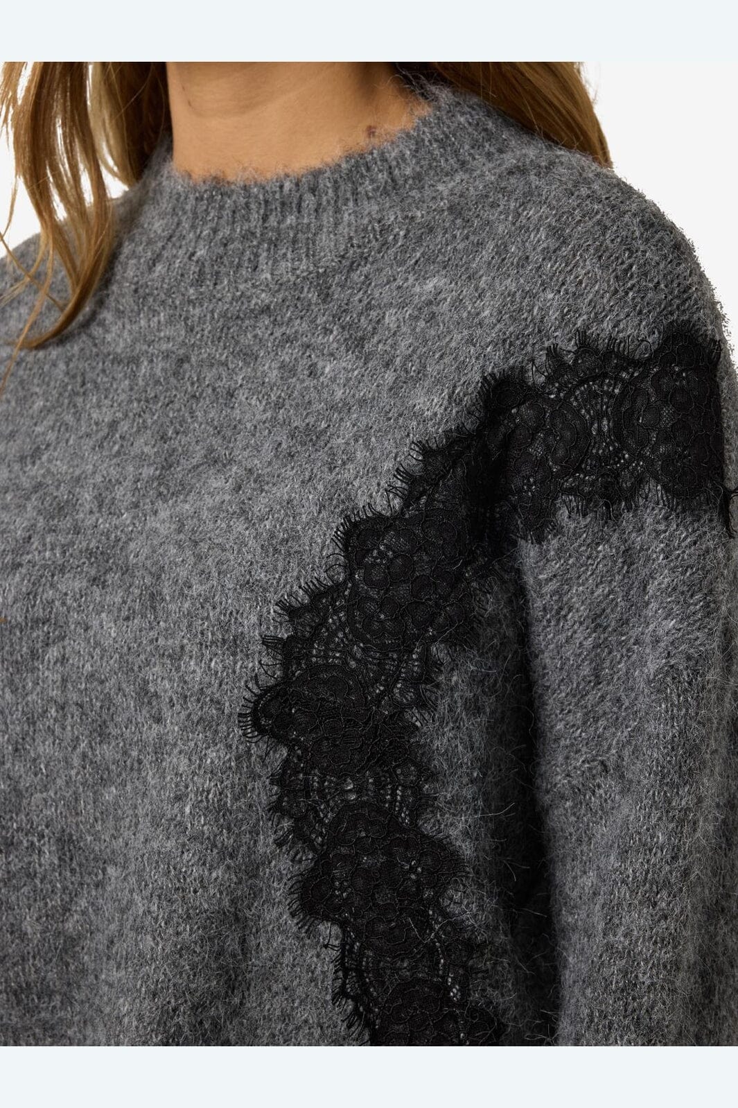 Noisy May - Nmsutton L/S O-Neck Lace Knit Fwd - 4986587 Dark Grey Melange Lace