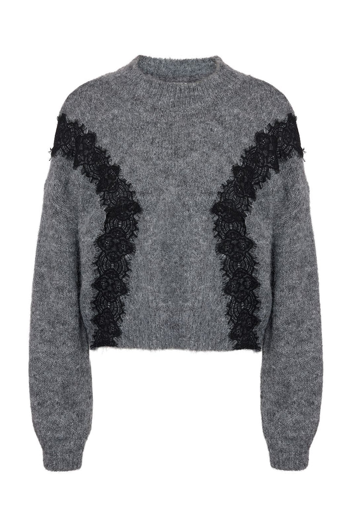 Noisy May - Nmsutton L/S O-Neck Lace Knit Fwd - 4986587 Dark Grey Melange Lace